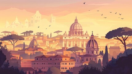 beautiful illustration of the streets of Italy with basilicas - obrazy, fototapety, plakaty