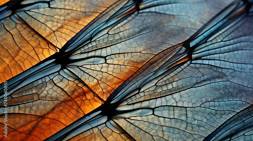 Poster dragonfly wing close up background with zoomed transparent lattice or macro chitin net
