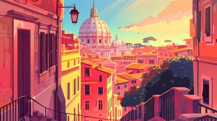 beautiful illustration of the streets of Italy with basilicas at sunset in high resolution - obrazy, fototapety, plakaty