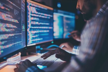 Data scientist, Programmer using laptop analyzing financial data on futuristic virtual interface.