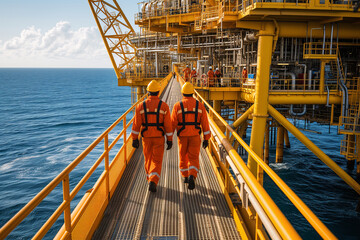 Two oil rig workers in reflective safety gear engage in a discussion while walking through a complex industrial setting.