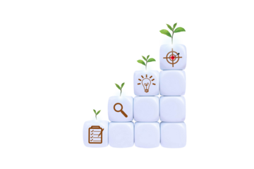 Place the white blocks as steps towards the goal and the tree symbol. Goal progress and growth concept. Business ideas for a successful growth process isolated on white background.PNG