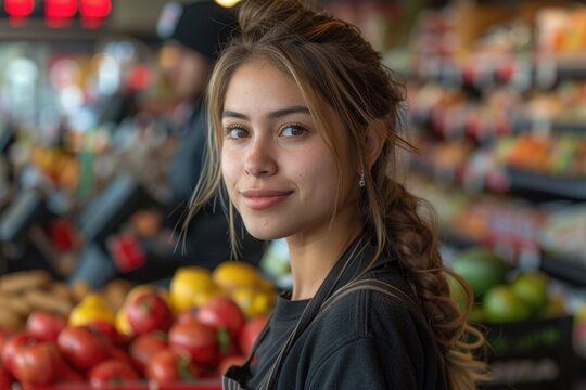 A cheerful young cashier with a friendly smile stands in a vibrant grocery store, her welcoming demeanor embodying the pleasant atmosphere of customer service.