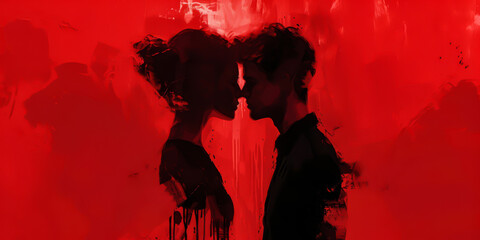 a boy and a girl are kissing, on an abstract background painting - obrazy, fototapety, plakaty