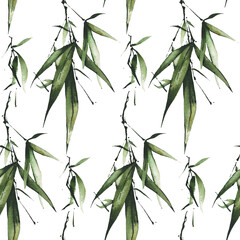 Watercolor hand painted exotic greenery seamless pattern. Green bamboo branches, leaves and twigs. Watercolour template design.
