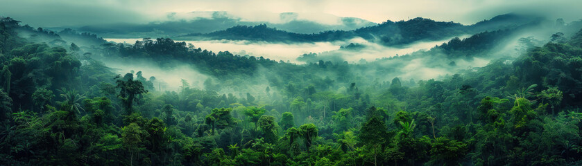 Jungle, tropical forest, morning fog, top view. - obrazy, fototapety, plakaty