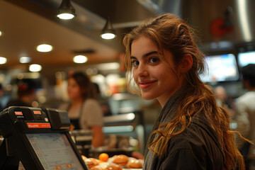 A genial young woman working as a cashier in a bustling cafe, his amiable expression and casual attire contributing to the warm and friendly ambiance of the eatery. - obrazy, fototapety, plakaty