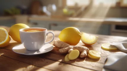 Rolgordijnen Ginger lemon tea healthy hot drink cup of tea © Creation