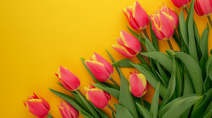 Top view of spring pink tulips on yellow background