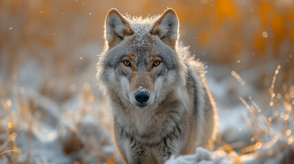 Naklejka premium wildlife photography, authentic photo of a wolf in natural habitat, taken with telephoto lenses, for relaxing animal wallpaper and more