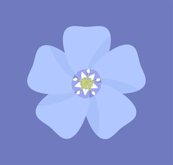 Flax flower. Vector illustration of a stylized light blue flower of a valuable herbaceous plant, isolated on a blue background. For labels, logos, decor, cards, stickers and other designs.