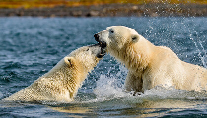 Polar bear (Ursus maritimus) two fighting or playing in water. Near Kaktovik, Arctic National Wildlife Refuge, Alaska, USA. October.