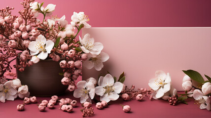 Obraz premium A white blank greeting card on a pink background with flowers