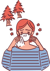 花粉症がつらいマスクをつけた女性のイラスト