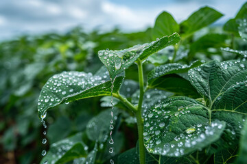 Cultivation of vegetables. Soybean seedlings are wet from the rain and are dripping with water. Concept for healthy and delicious vegetable cultivation and agriculture.