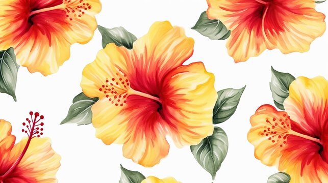 Hand drawn seamless pattern with watercolor red and yellow hibiscus flowers on the white background