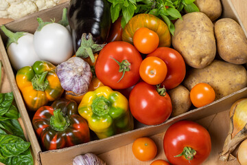 Cardboard box in the center is filled with colorful bell peppers, carrots, zucchinis, potatoes, onions, and eggplants. In front of the box are ripe tomatoes, both red and orange in color