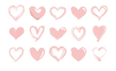 Heart shape illustrations made with brush stroke. Vector collection of hand drawn grunge Valentine hearts. Isolated on white background.