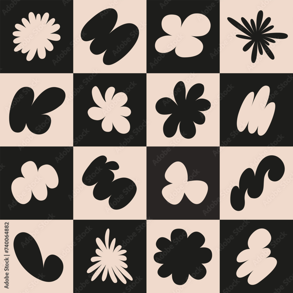 Poster Abstract seamless pattern with simple funky groovy shapes. Brutal background in style y2k, 00s. Black and beige colors. Modern collage vector illustration.