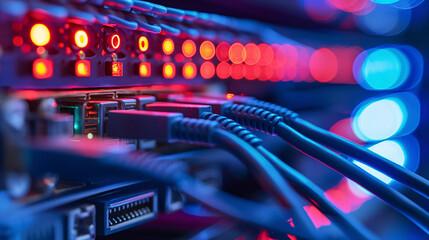 Cable de red RJ45 conectado a uno de los puertos de un Switch 