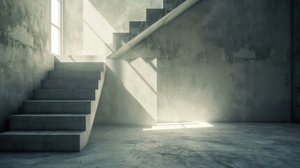 Empty modern concrete room with staircase and indirect lighting from top. 3d rendering background - obrazy, fototapety, plakaty