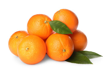 Fresh ripe oranges with green leaves on white background