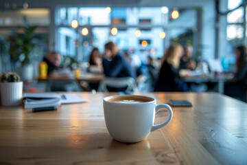 Coffee cup close-up on the table. Coffee break in cafe. Cappuccino cup on the table. People in the blurred background. - 740065273