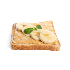 Toast with tasty nut butter, banana slices and almond flakes isolated on white