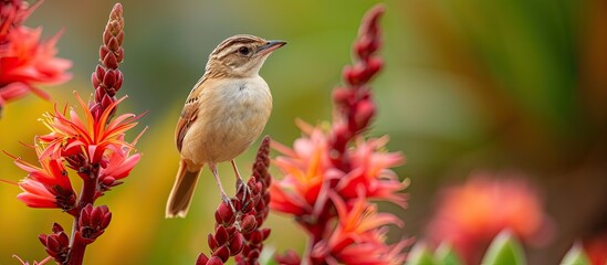Naklejka premium A small Zitting cisticola bird perched on a red Aloe speciosa plant in a park, captured with a shallow focus.