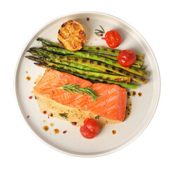 Tasty grilled salmon with tomatoes, asparagus and spices isolated on white, top view