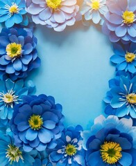 Background of blue paper flowers with empty space for text or greeting card design. Postcard for International Women's Day and Mother's Day.