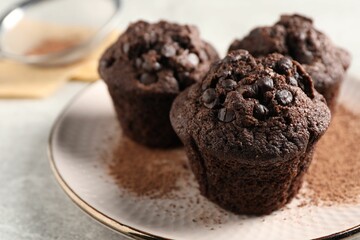 Delicious chocolate muffins and cacao powder on light grey table, closeup. Space for text