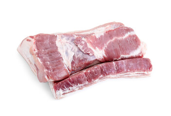 Pieces of raw pork belly isolated on white, top view