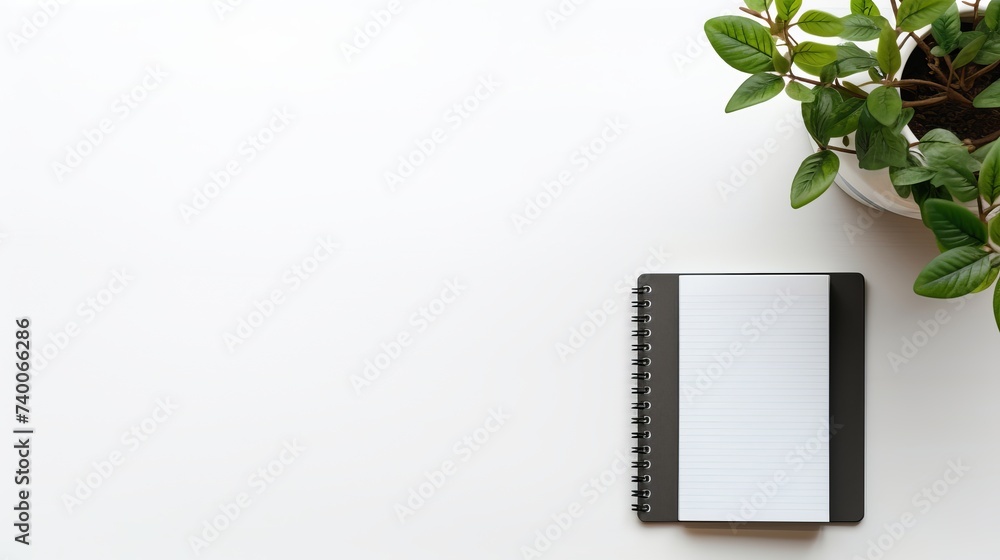 Poster modern workplace with notebook black pencil and little tree copy space on gray background. top view.