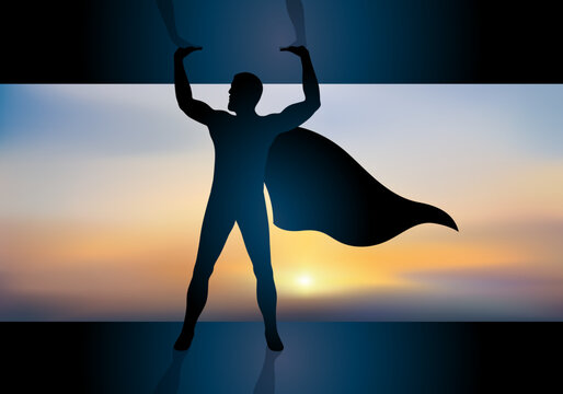 Concept du super-héros qui grâce à ses supers-pouvoirs réussit à sauver le monde de l’anéantissement.