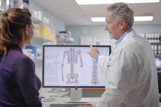 Doctor discussing spine with patient using numbers on the computer screen doctor working concept