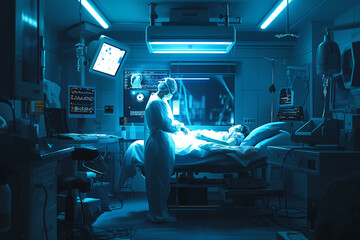 Scene of a doctor operating, There is a patient lying on the bed doctor working concept - obrazy, fototapety, plakaty
