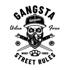 Gangster vector emblem in monochrome style with skull in cap and bandana on face and crossed fight knives. Illustration isolated on white background