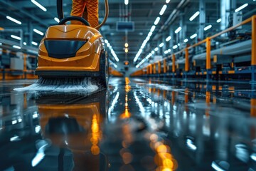 Floor scrubber machine cleaning with efficiency in an industrial setting.