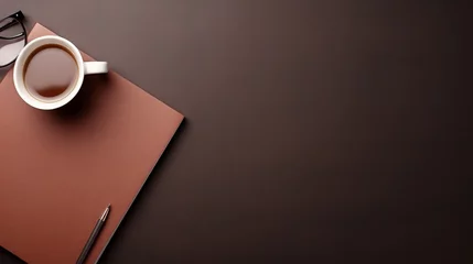 Fotobehang Office leather business desk table with coffee cup, notepad and pen. Top view with copy space © Elchin Abilov