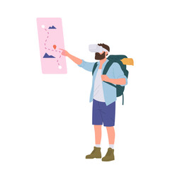 Man traveler cartoon character wearing vr glasses enjoying trip in augment reality isolated on white