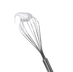Whisk with whipped egg whites isolated on white
