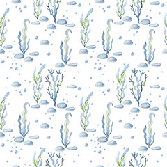 Watercolor seamless pattern with sea plants and stones.