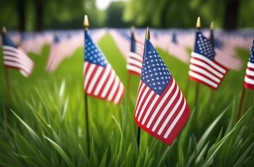 Memorial Day Flags in Grass, Patriotic American Background