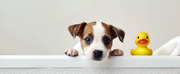 A cute brown and white puppy jack russell terrier peers over the edge of a bathtub, next to a yellow rubber duck and a white towel. pet care concept
