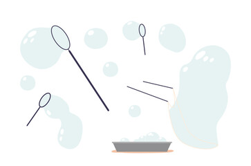 Soap Bubble Party Items Set Includes Bubble Wands With Hoops, Basin With Soapy Solution, Cartoon Vector Illustration