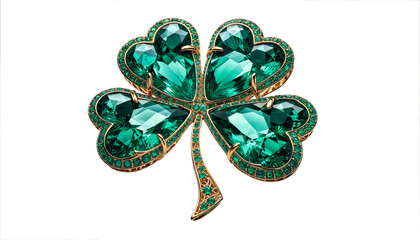 Luxurious four-leaf shamrock jewel with vibrant green emerald gemstones, set in gold, representing opulence and good fortune, isolated on white background - Powered by Adobe
