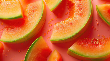 close-up, melon, watermelon cut into slices, juicy fruit pulp with drops of water, summer fruit,...