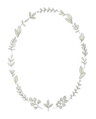 Oval frame with varied simple small leaves and twigs isolated on white background. Watercolor hand drawn illustration