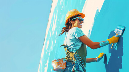 Happy Worker Painting Wall: Illustration for Renovation Services Advertisement - obrazy, fototapety, plakaty